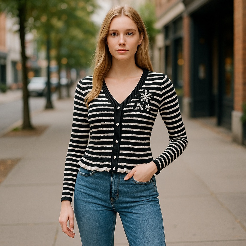 NWT Nanette Lepore V Neck Striped Pearl Embroidery Striped Stretch Cardigan M
